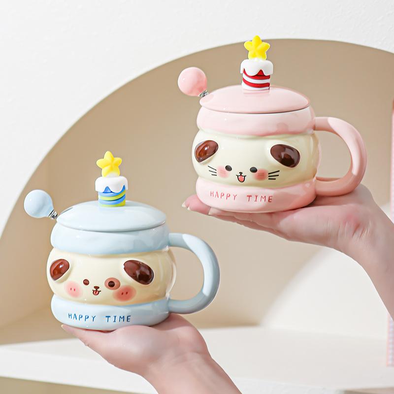 Cute Ceramic Water Cup Birthday Gift for Girls Super Cute and Beautiful Couple Mug with Lid Spoon Cup Souvenir