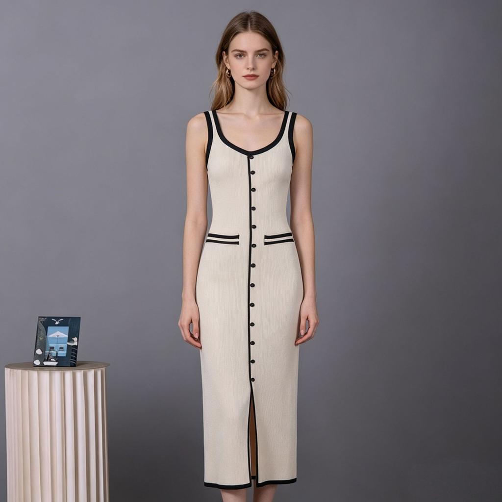 New Russian European and American Women's Vest-style Dress Contrasting Colors Single-row Multi-button Slit Long Knitted Dress