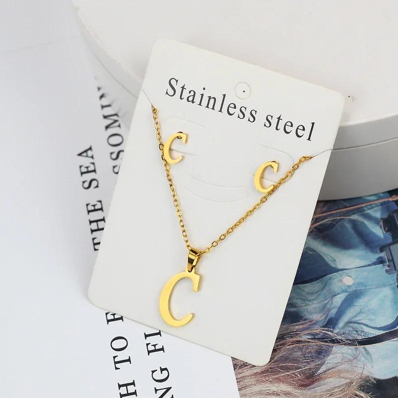 Stainless Steel Letter Necklace Bracelet Earring Zircon Set for Women Alphabet Pendant Necklace Party Gift