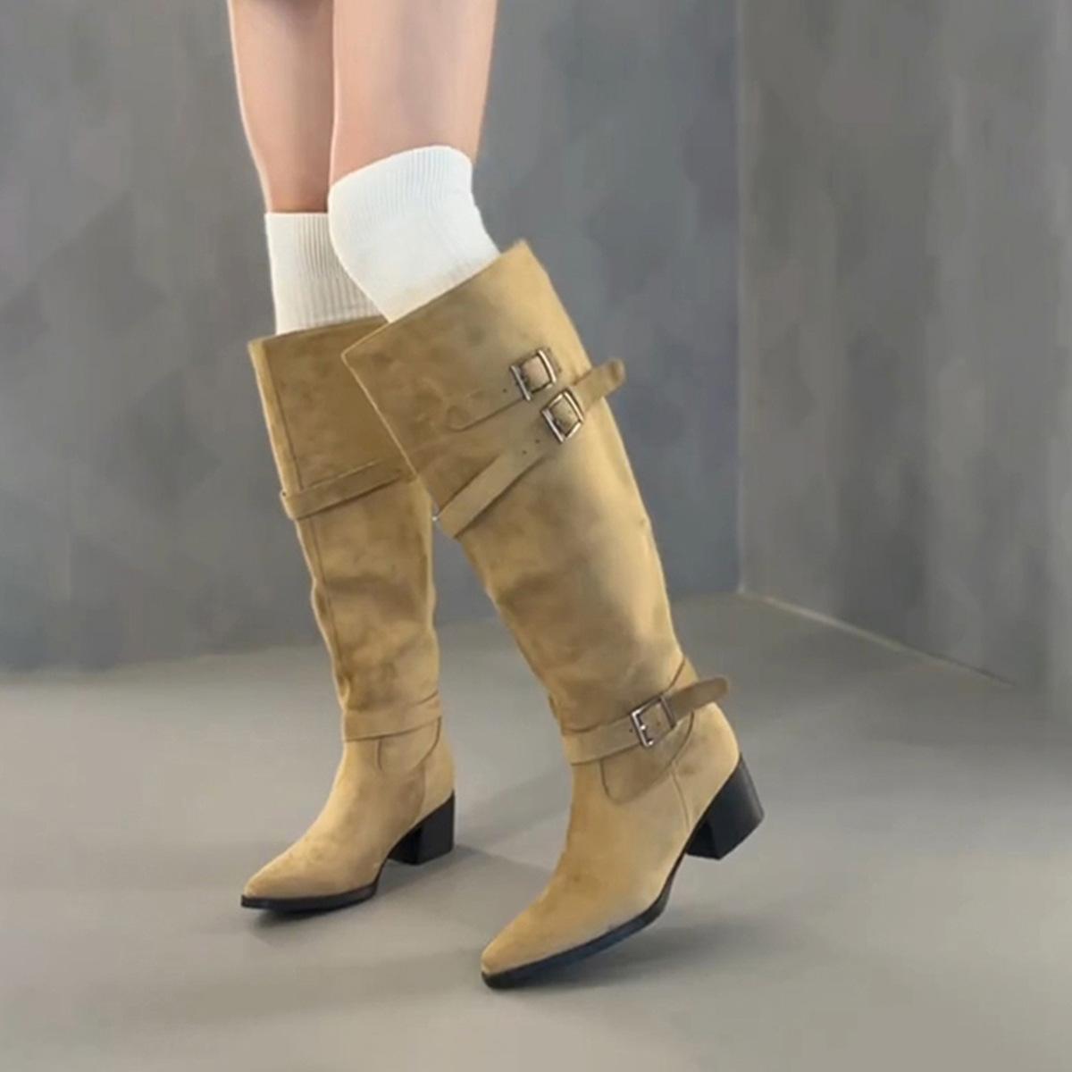 

Sheepskin version~ versatile matte leather wide tube knight boots women s retro belt buckle but knee simple temperament boots 35 хаки