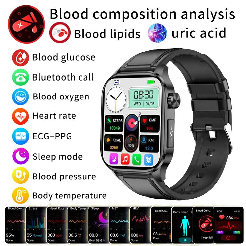 Montre Intelligente ECG+PPG Appel BT Rappel Push Examen Physique Montre de Santé Pression Artérielle Acide Urique Oxygène Sanguin Sport Montre Intelligente