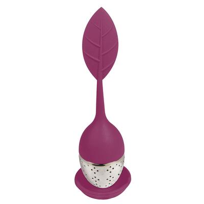 [R2889] - Bola de chá rosa 'Folha' (aço silicone + copo) - 15. 5x5cm