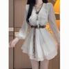 White Ruffle Edge Long-sleeved V-neck Shirt Dress Women's Early Autumn New Sweet Design Waist and Thin Short Skirt