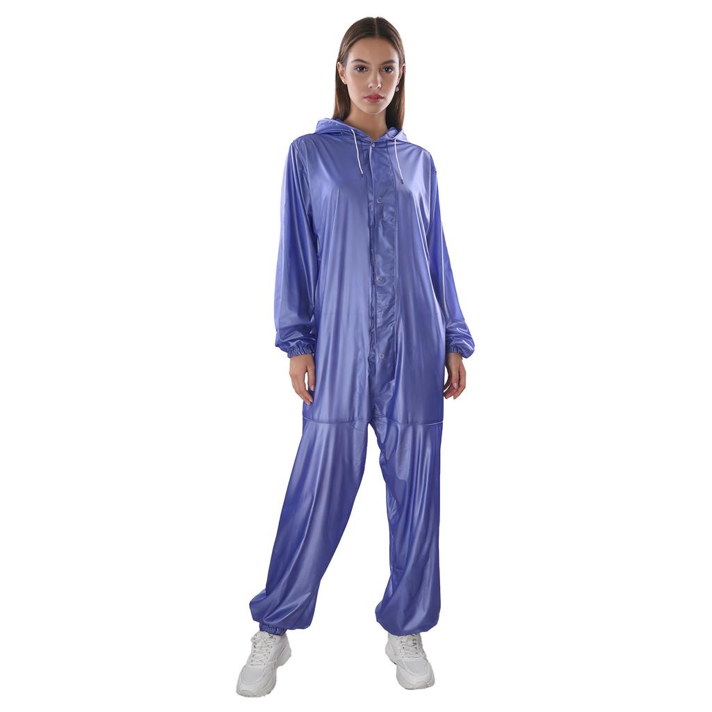 Unisex Full Body Hooded Raincoat Drawstring Hood Front Button Zipper One Piece Waterproof Jumpsuit Workwear