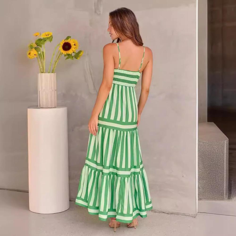 Women's Strapless Sleeveless Midi Dress Loose Mid Waist Vertical Stripe Printed Polyester Micro Elastic Tiered Ruffle Summer Vacation Maxi Dress