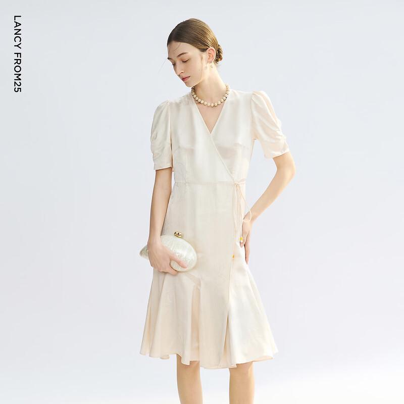 Langzi V-Neck Jacquard Puff Sleeve Midi Dress