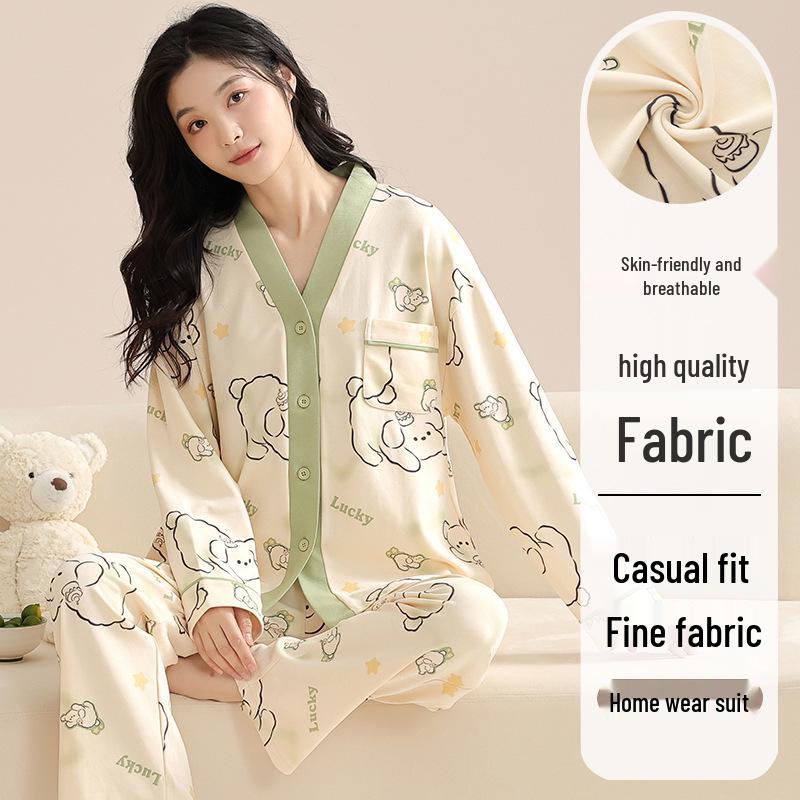 Autumn V-Neck Women's Pajamas Set: Cute Long-Sleeve, Plus-Size Homewear for Spring/Autumn.