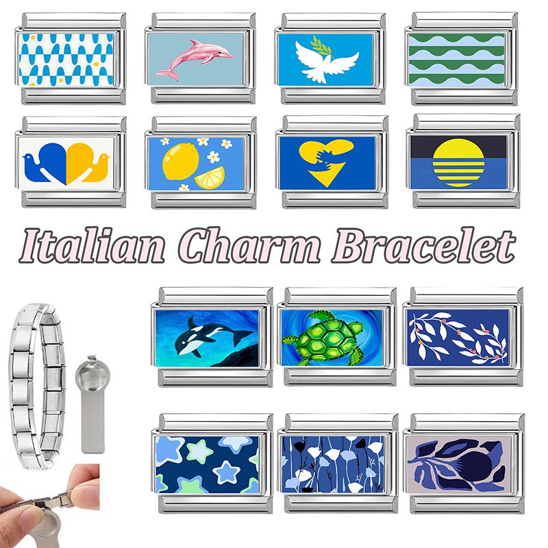 Nueva Serie Océano Azul Cola de Pez Luna Estrella Delfín Tortuga Encanto Italiana Enlace Compatible Pulsera de Acero Inoxidable de 9 mm Fabricación DIY Regalo