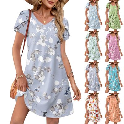 Women's Summer Fashion V-Neck Loose Dress Petal Short Sleeve Floral Print Beach Dresses