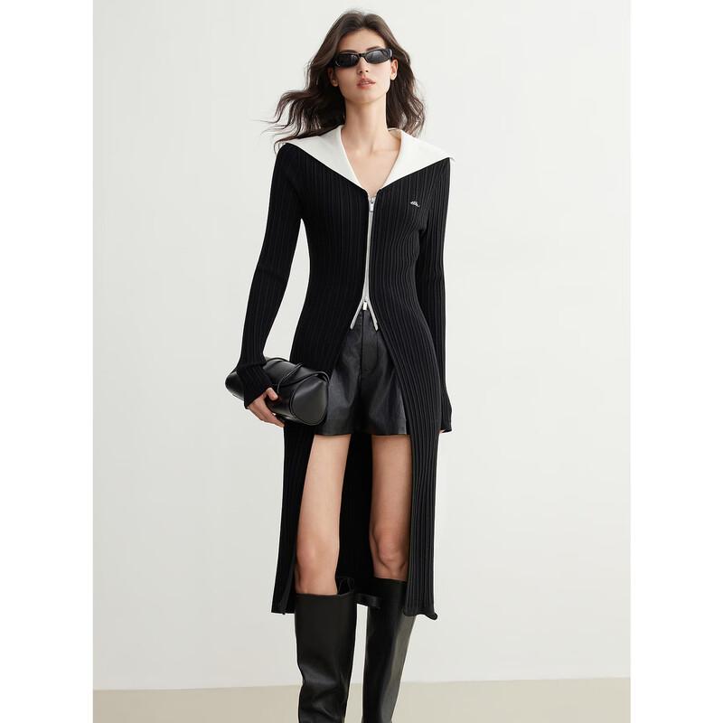 ELLE Women s Color Block Lapel Long Knitted Cardigan M