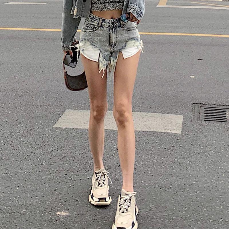 

Модные рваные джинсовые суперкороткие шорты с эффектом потертости и снежинками женские 2025 лето с высокой талией V-образной формы облегающие шорты сексуальные шорты Snowflake Blue XL