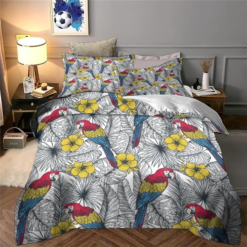Parrot Bedding Sets King Size Watercolor Animal Feather Duvet Cover Set Palm Leaf Duvet Cover Tropical Plant Birds Quilt Cover