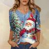 Women's Casual Christmas Print V-Neck Three-Quarter Sleeve Loose Fit Blouse for Holiday Party