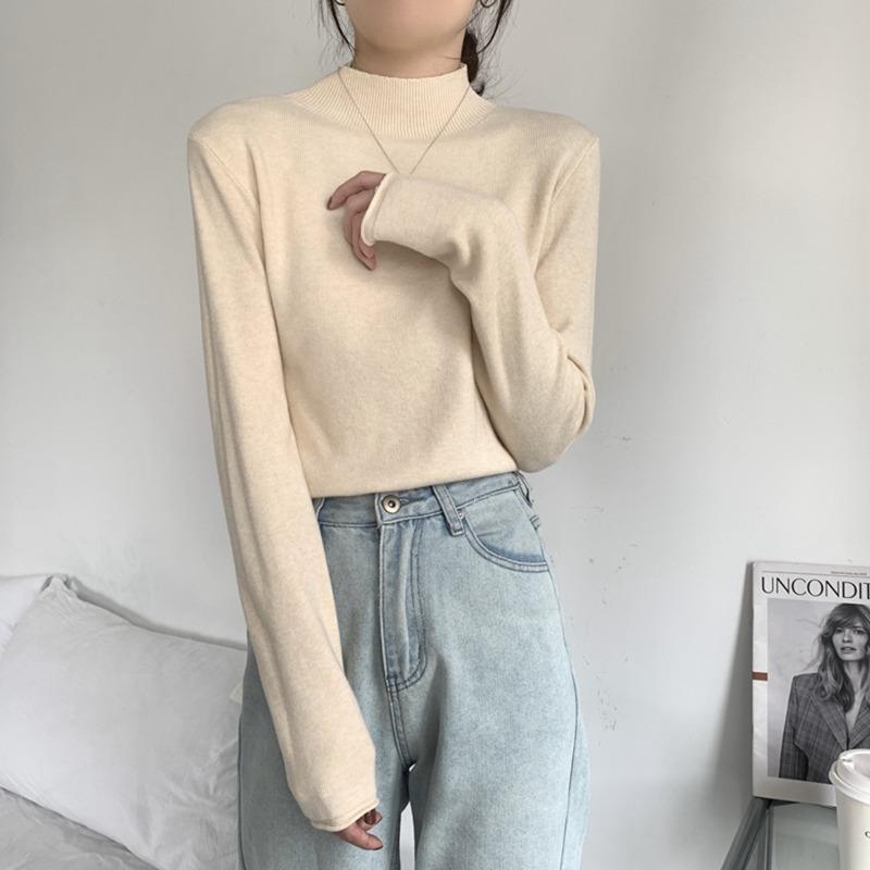 

Semi-turtleneck temperament stacked knitted sweater soft waxy sweater autumn and winter casual relaxation inside bottom top women s long sleeves XL абрикосовий