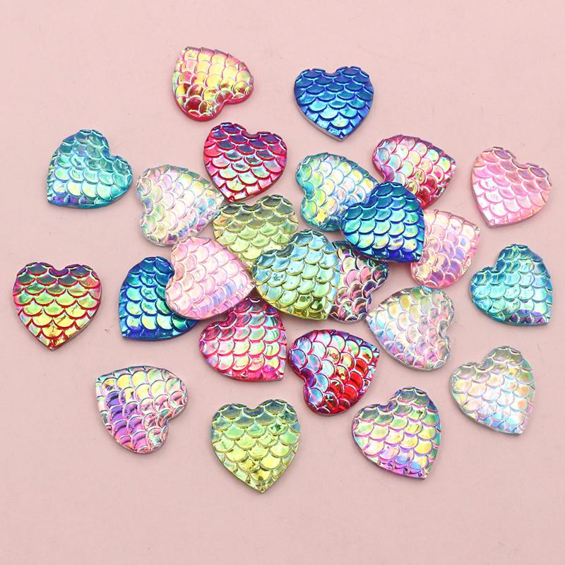 40pcs 12mm Heart Shape Mermaid Fish Scale Resin Cabochons Dome Flat Back DIY Jewelry Making Accessories for Earrings Bracelets