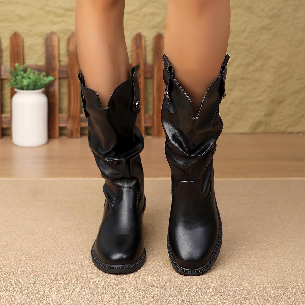 Women's Soft Leather Mid-Calf Chunky Heel Chelsea Boots for Spring and Autumn