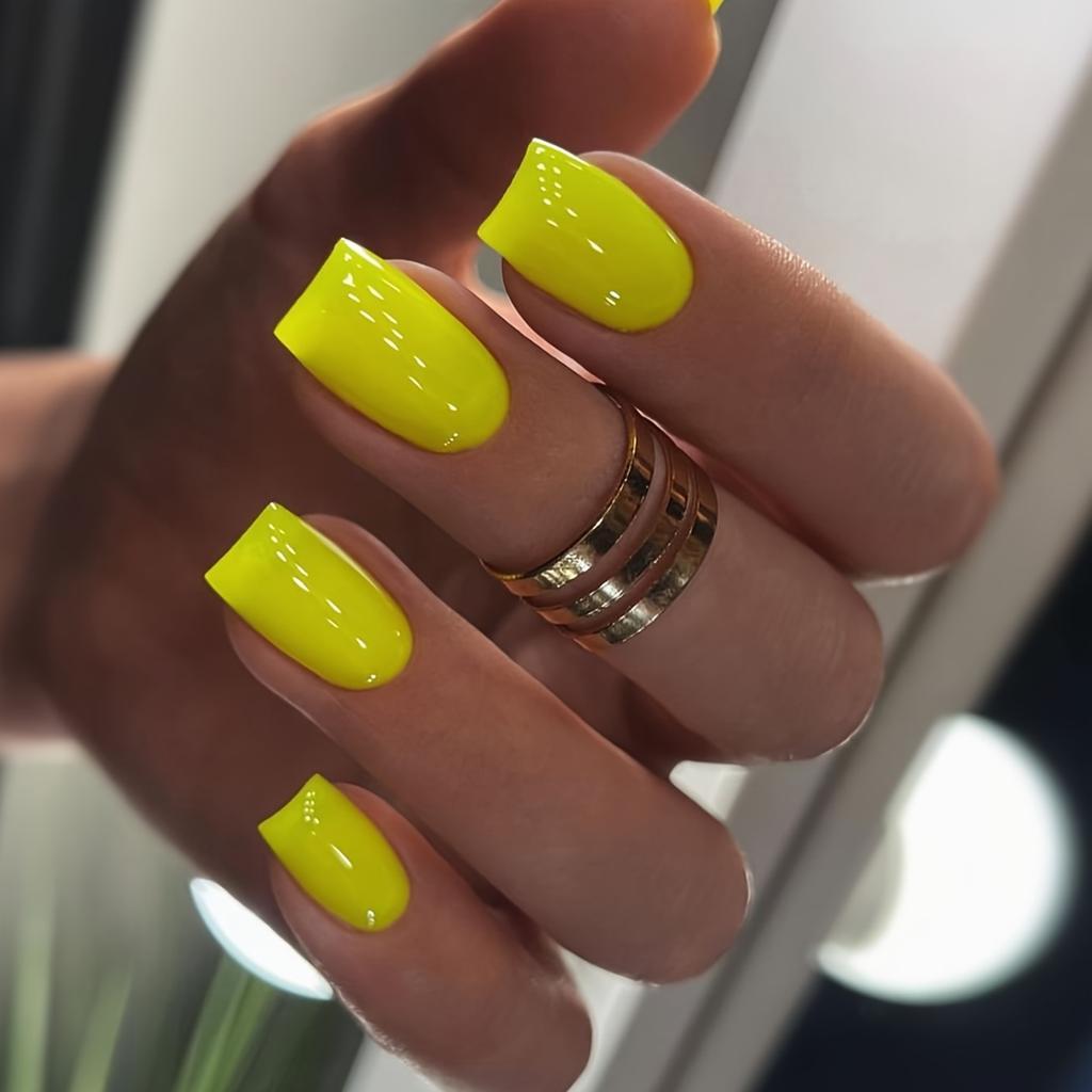 24pcs Yellow False Nails Short Square Press Nails Gloss Full Coverage Acrylic False Nails For Women And Girls
