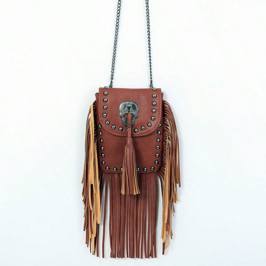 Mode zacht leer klinknagel franje tas ketting schoudertas crossbody tas dames tas brown brown