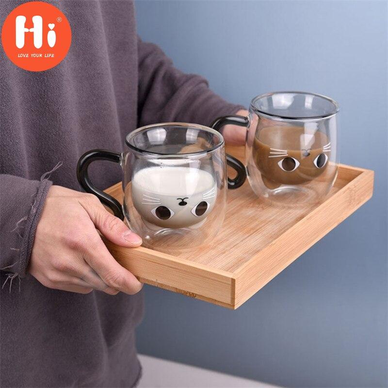 Hallo Doppelwandiges Glas Milch Saft Tasse Kreative Nette Katze Form Kaffeetasse Cartoon Paar Teetasse mit Deckel Haushalt Büro Drinkware