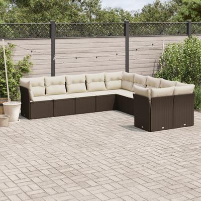 Vidaxl 10-Cz. Garden Furniture Set With Cushions, Brown Polyrattan