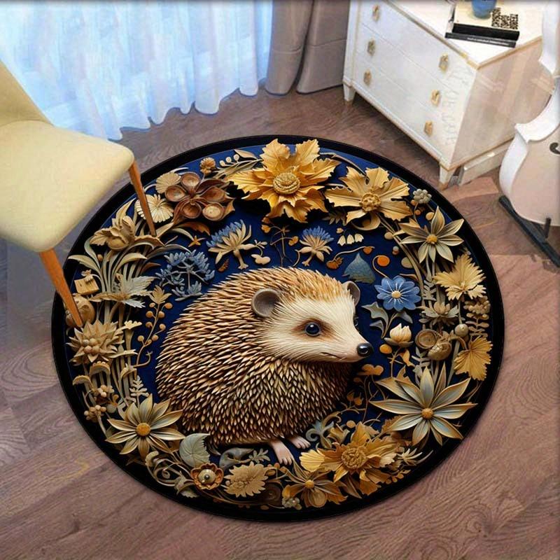 

Hedgehog with Flowers and Nature Design Round Rug Soft Crystal Velvet Floor Mat Animal Theme Home Decor Living Room Carpet 60cm x 60cm
