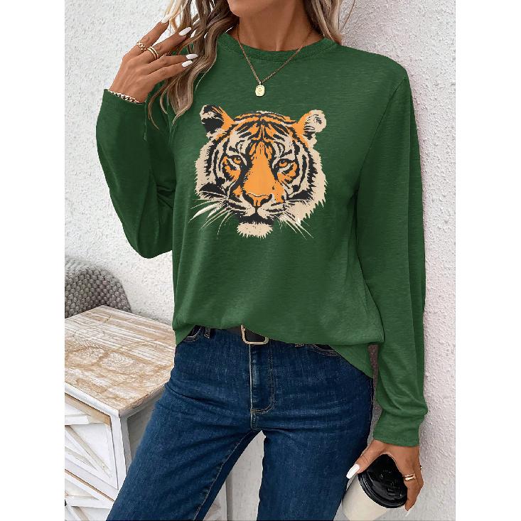Women's casual sports long sleeve T Shirt Tiger print, fashionable loose fit Comfortable and versatile outdoor everyday wear for spring and summer