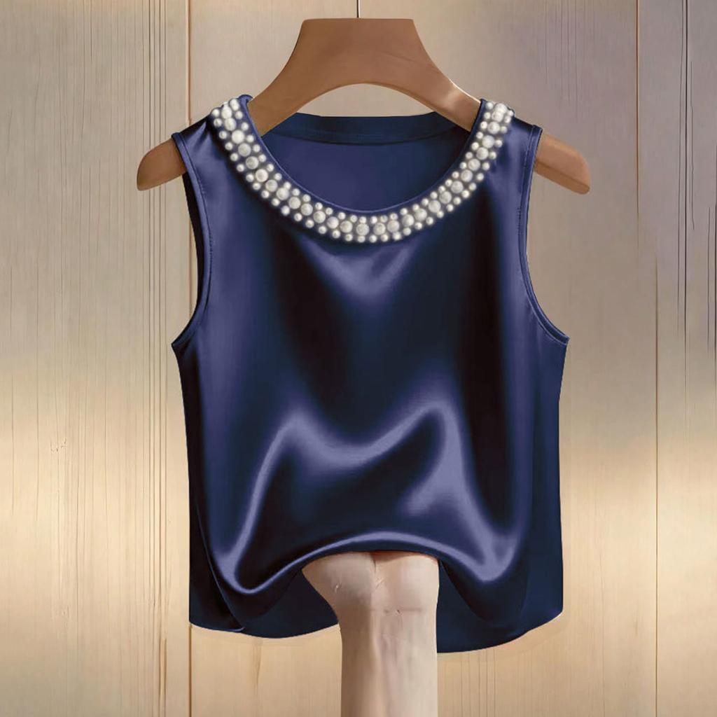 Damen-T-Shirt mit Satin-Perlenmuster, Rundhalsausschnitt und kurzen Ärmeln, lässiges Oberteil