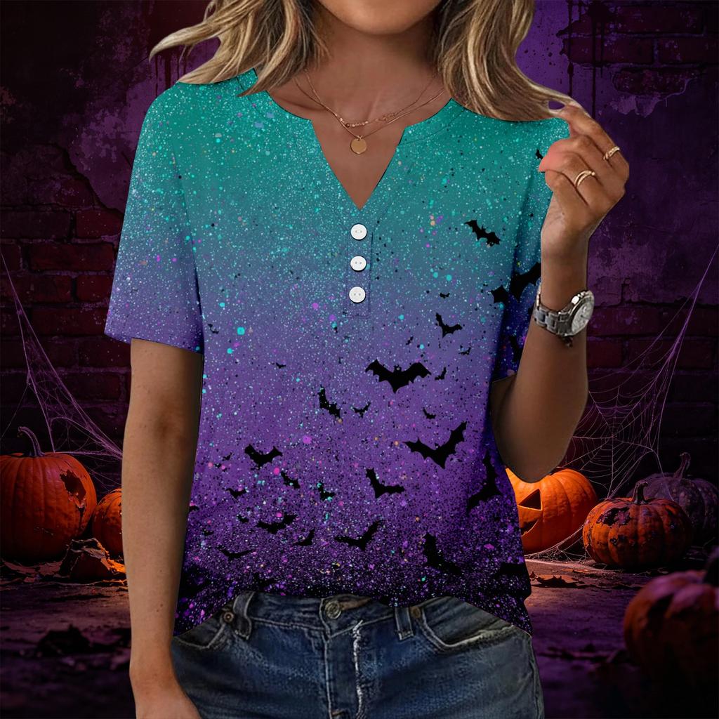 Women V Neck Short Sleeve Button Decor Top with Halloween Print Casual Loose Fit T Shirt for Daily Wear