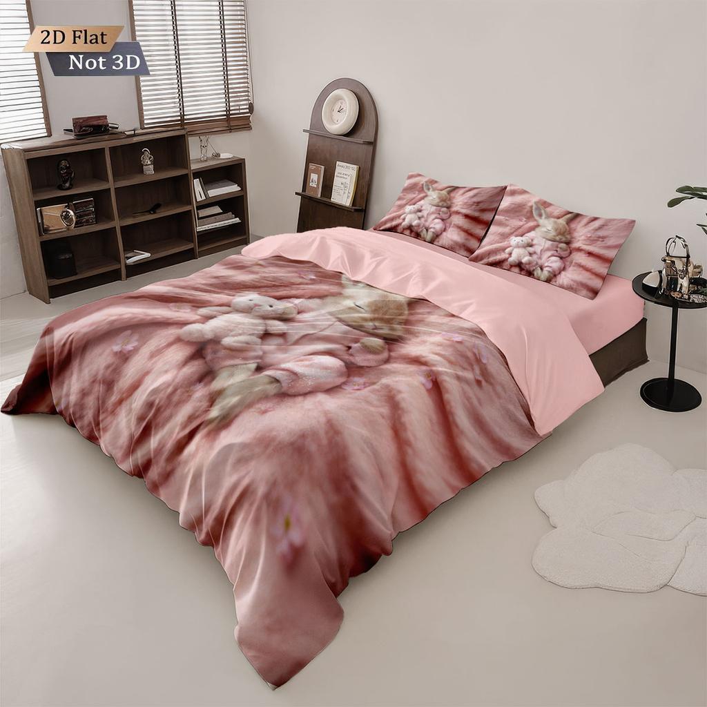 3Pcs Cute Cartoon Sleeping Rabbit Printed Down Duvet Cover Set, Multi Size Bedroom Bedding Decoration, Machine Washable