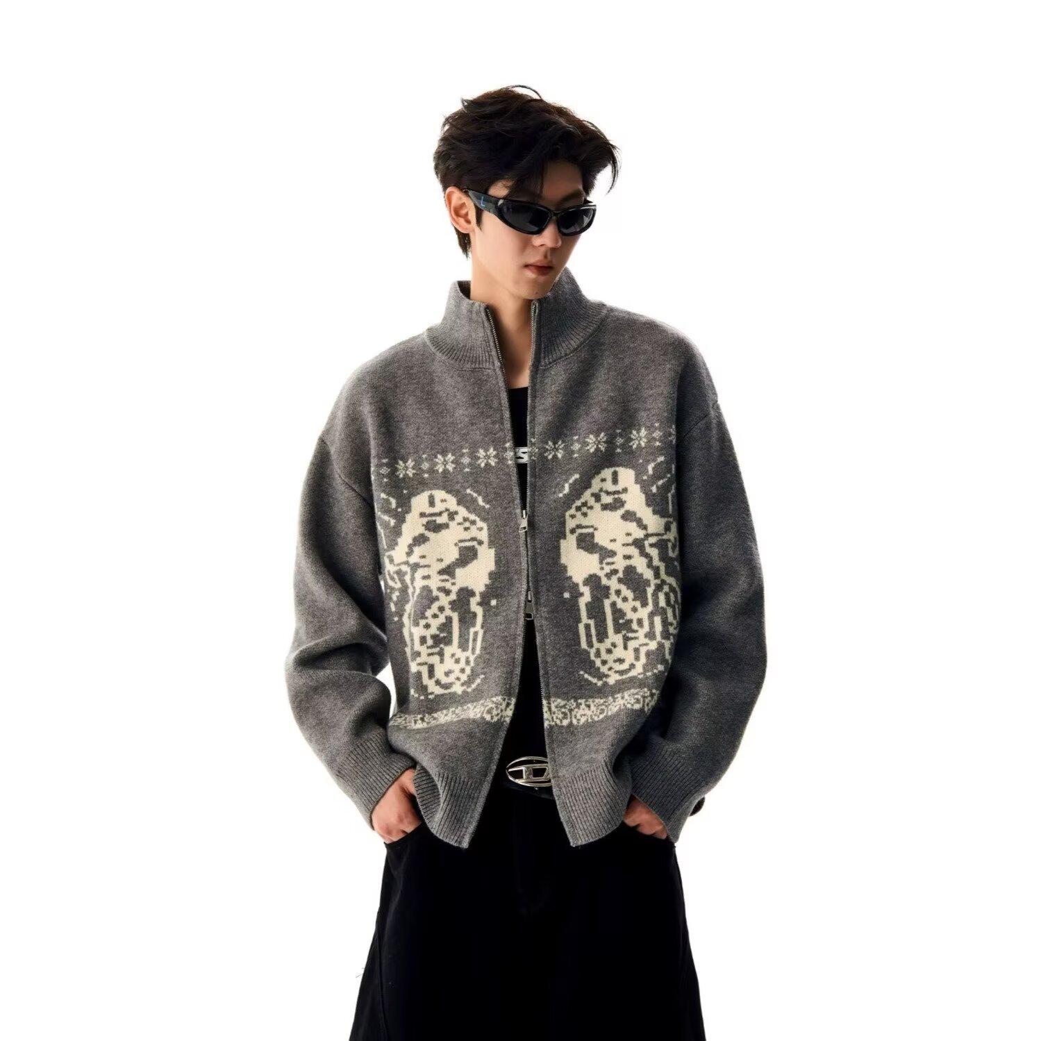 

Кардиган вільного крою з абстрактним жаккардовим візерунком на осінь/зиму 2024 для чоловіків та пар - Стильний та унікальний XL сірий колір