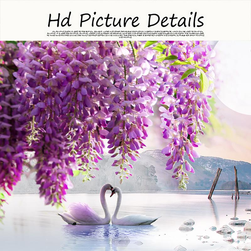 Purple Flower Tree Swan Lake Landscape Picture Scandinavian Scenery Nature Canvas Wall Art Print Painting Nordic Decoation