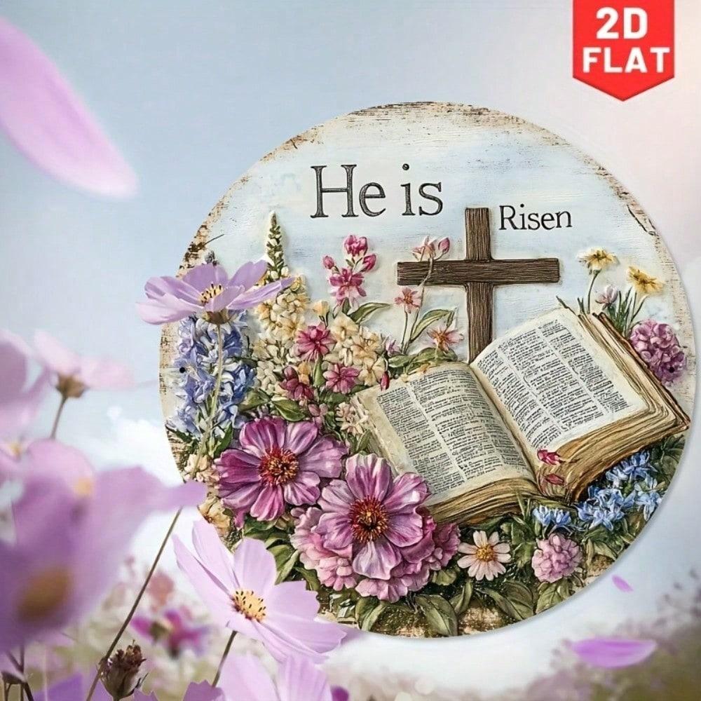Easter Cross Metal Wall Art with Floral Wreath 8x8 Inch Decor