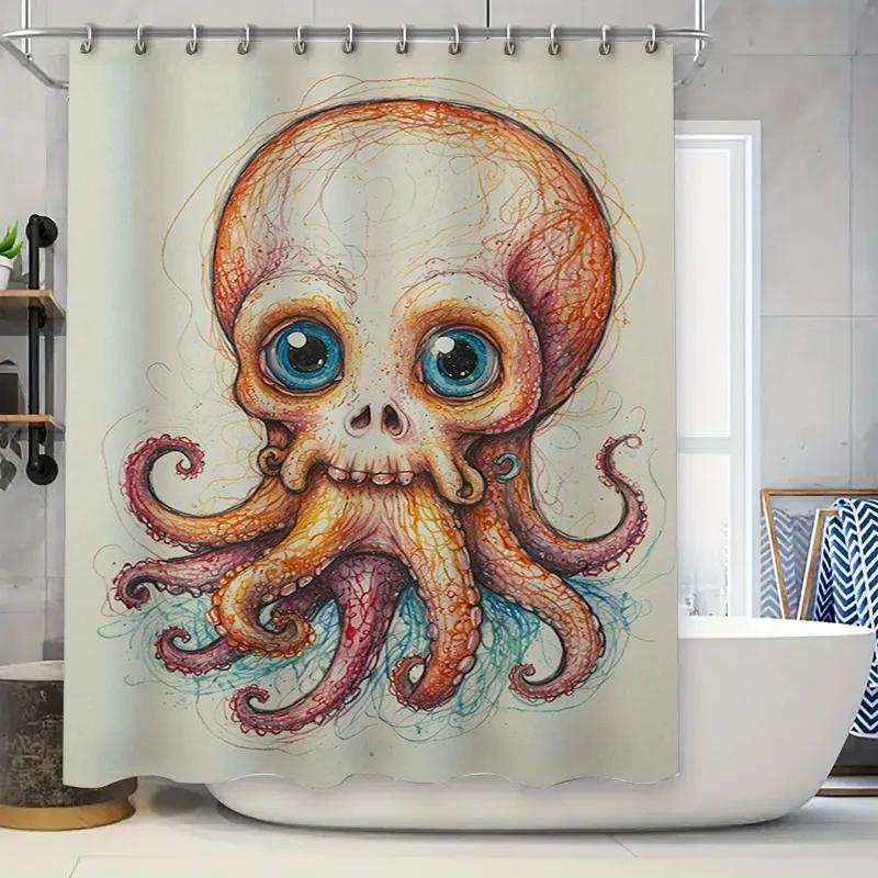 

Octopus Design Bathroom Shower Curtain Set Decorative Waterproof Polyester Fabric Printed Artistic Bath Accessories W60H190(CM)-1 Pcs