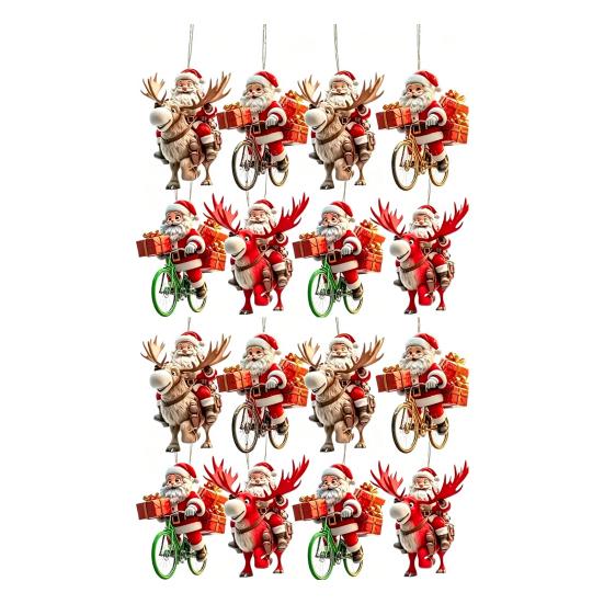 Creative Festive Home Ornaments 8/16/24/32Pcs 2D Flat Christmas Wooden Ornaments, Santa Claus Riding Bicycle Hanging Xmas Door And Window Decorations
