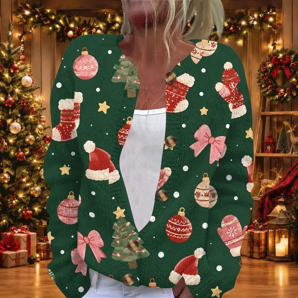 Cardigan a maglia da donna con stampa natalizia, manica lunga, bottoni sul davanti, per autunno e inverno