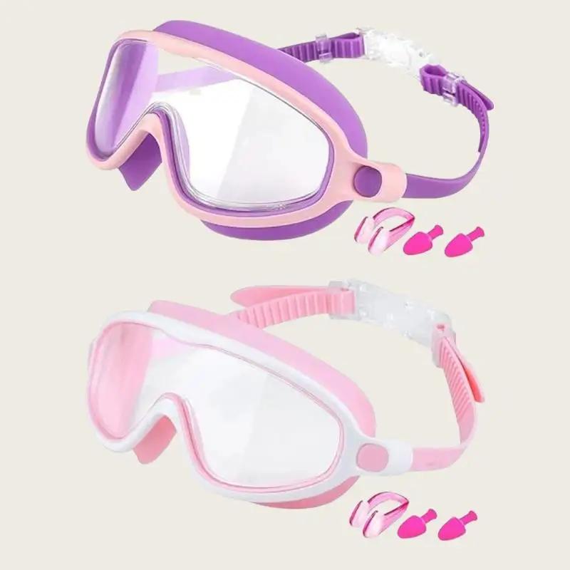 2 Pack Anti-Fog Anti-UV Swimming Goggles HD Diving Goggles with Earplugs Anti Choking Women Men Large Frame Silicone Swim Ggles