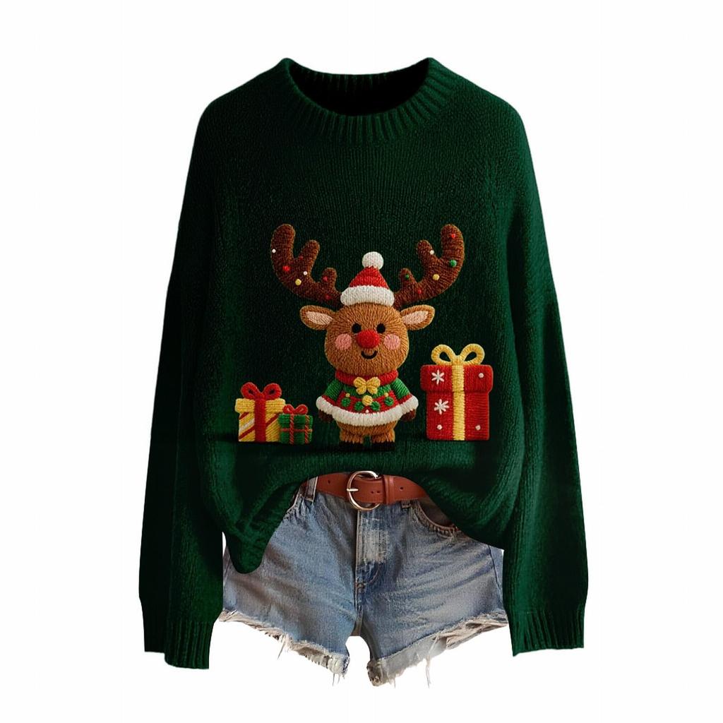 Women's Fashion Christmas Print Pullover Long-Sleeve  Neck Knit Sweater Top