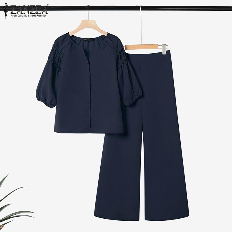 ZANZEA Damen Halbarm Bluse und Hose Sommer Zweiteiler Anzugsets