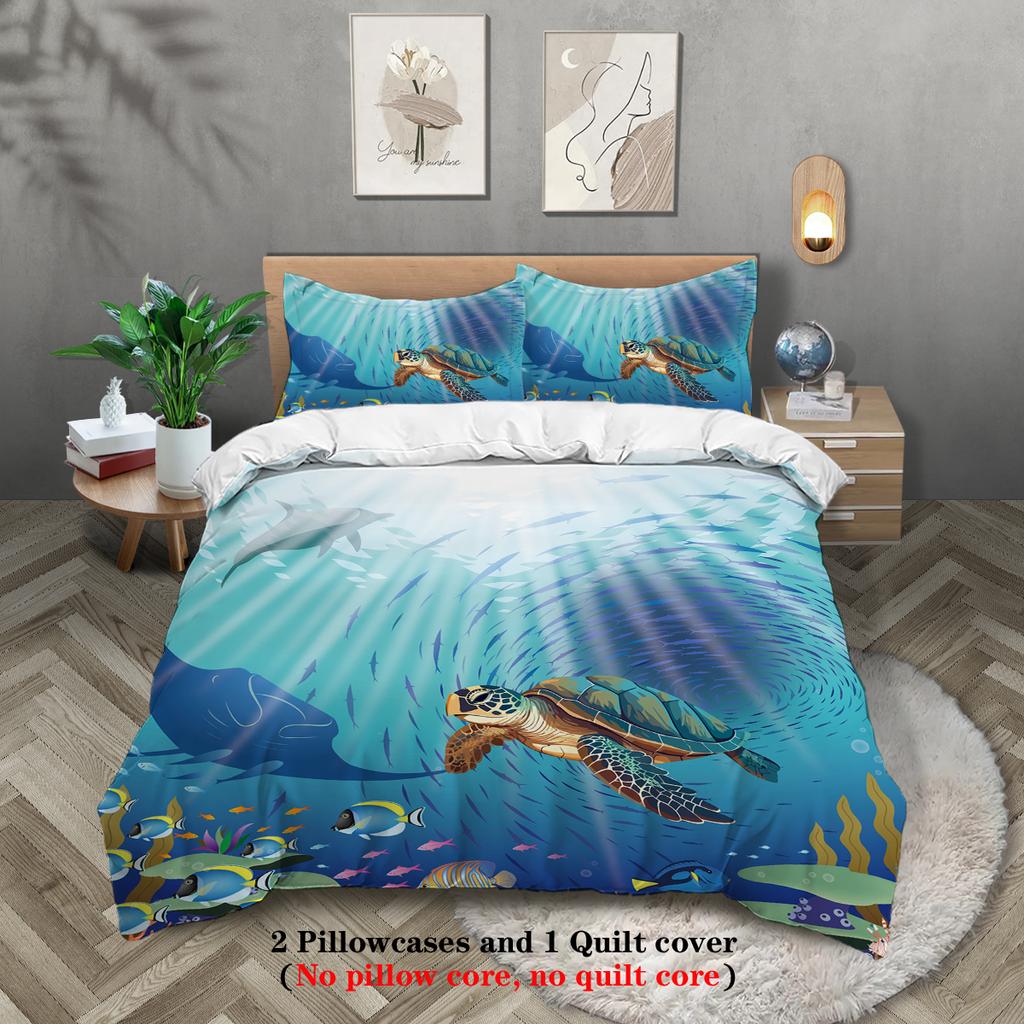 3-piece set, turtle underworld themed pattern printed bedding set, 1*duvet cover+2*pillowcase, for queen, king, double bedroom