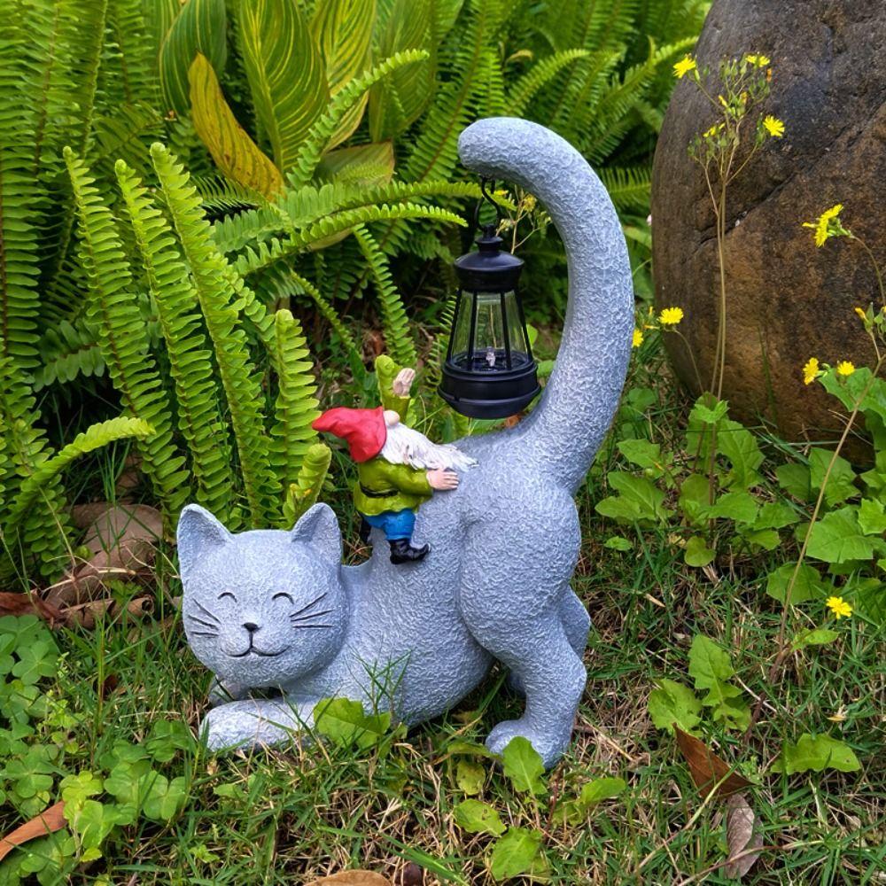 Resin Animal Statue Light Cute Garden Figurines Sculptures Lamp Cat Elf Solar Ornament  Outdoor