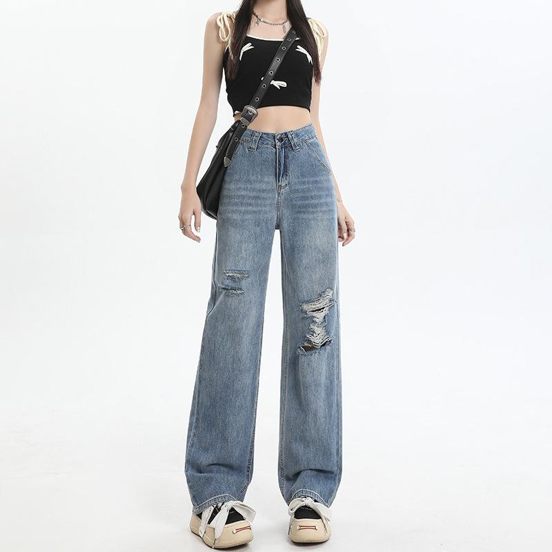 Ripped Jeans Women Summer High Waist Girl Floor Pants Women Straight Trousers Women Summer Straight Jeans Women Summer