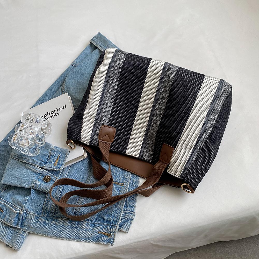 

Women Thick Cloth Shoulder Bag Female Striped Canvas Handbag Ladies Crossbody Messenger Bag Commuter Big Zipper Purse Books Tote