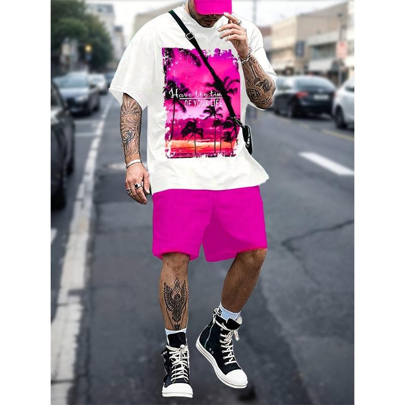 New Summer Men's Outdoor Sports Short Sleeve Breathable Suit Letter Pattern Design Leisure Fashion Street Style Two Piece Set