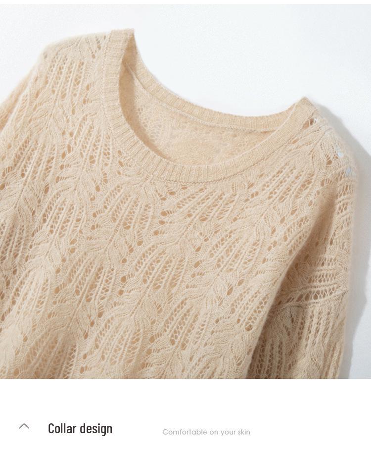 Women's Autumn Winter Cashmere Sweater - Hollow Design, Tree Grain, Round Neck, Long Sleeve, Loose Fit Pullover