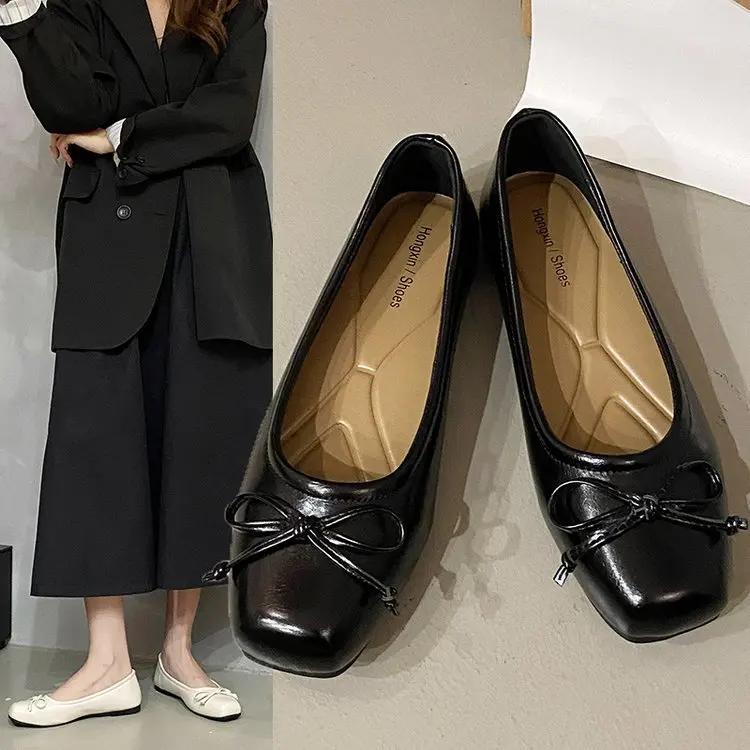 Fashion Women Bow Square Toe Soft Sole Single Shoes Comfort Slip On Soft Sole Flats Shoes Ladies Silver Round Toe Ballet Dress Loafers