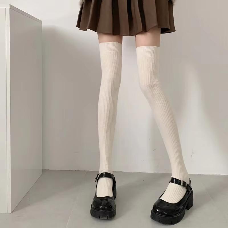 Autumn Winter Women's Stockings Girls Black White JK Lolita Long Tight Socks Vertical Stripes Cotton Over Knee Thigh High Socks