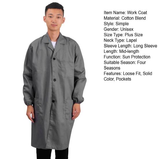 Arbeitsmantel für Damen und Herren, Revers, lange Ärmel, elastische Bündchen, einfarbig, waschbar, Arbeitsjacke mit Tasche, einreihig, mittellange Oberbekleidung