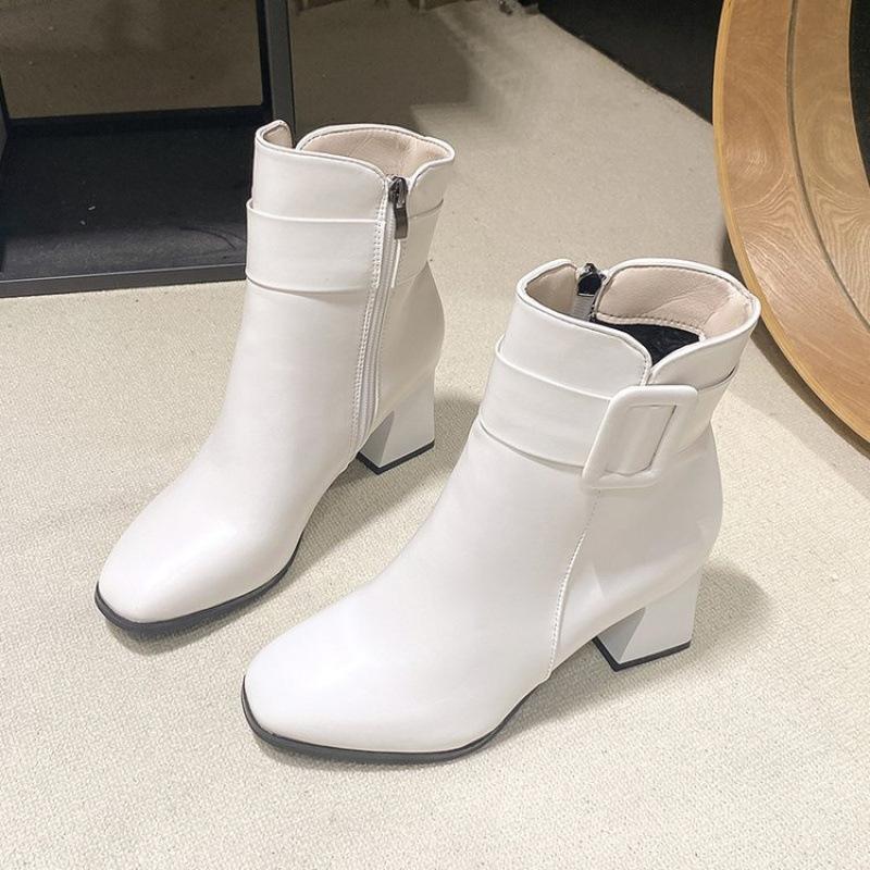 Martin Boots Autumn and Winter New British Style Pointed High-heeled Short Boots Belt Buckle Side Zipper Boots