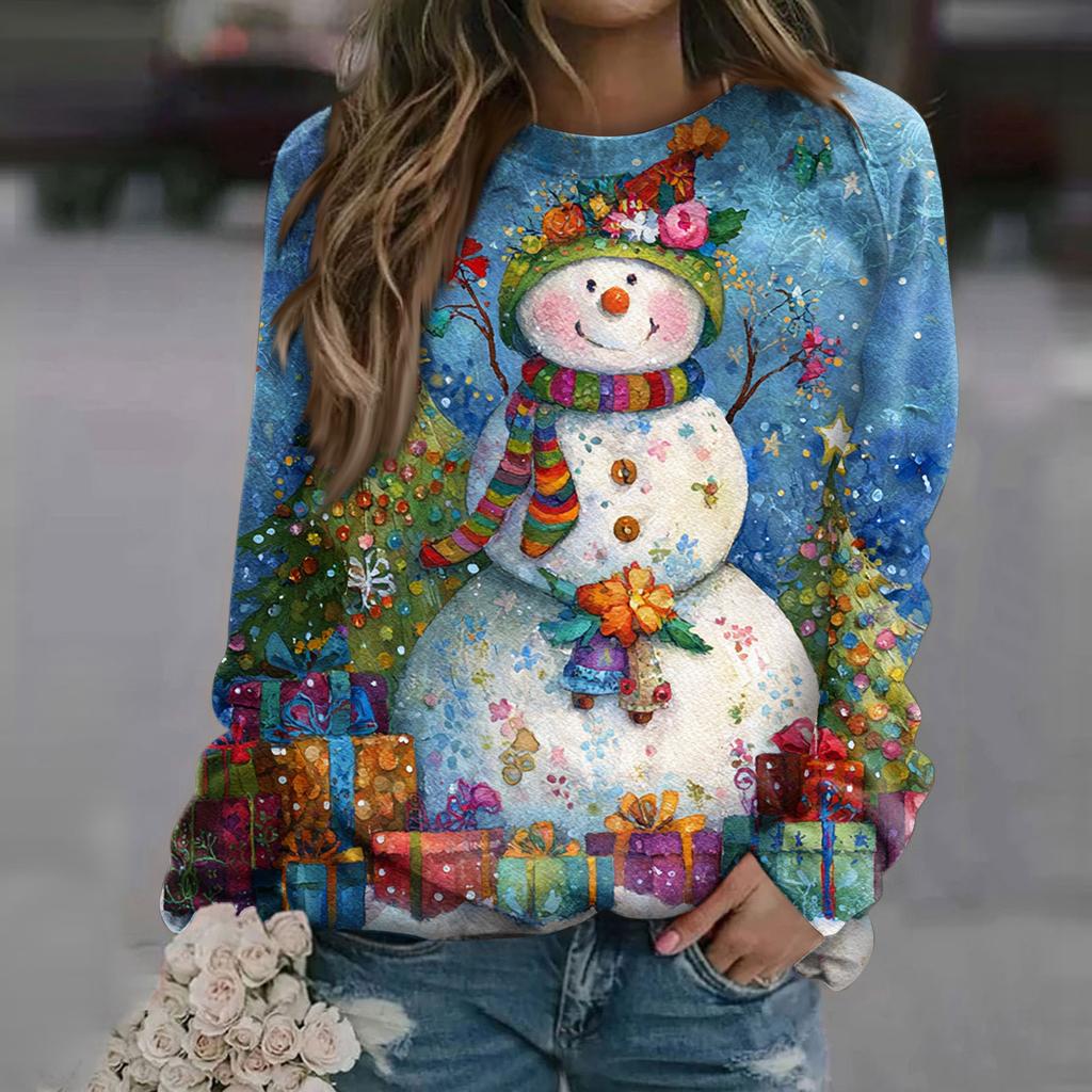 Women's Fashion Casual Long Sleeve Christmas Printed Neck Sweatshirt Top