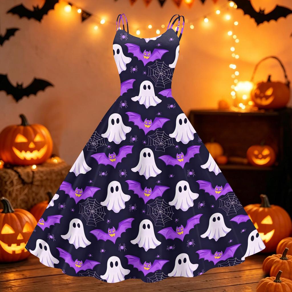 Women's Halloween Print Off Shoulder Dress Vintage Punk Style Sleeveless Spaghetti Strap Swing Dress with Flared Skirt for Party